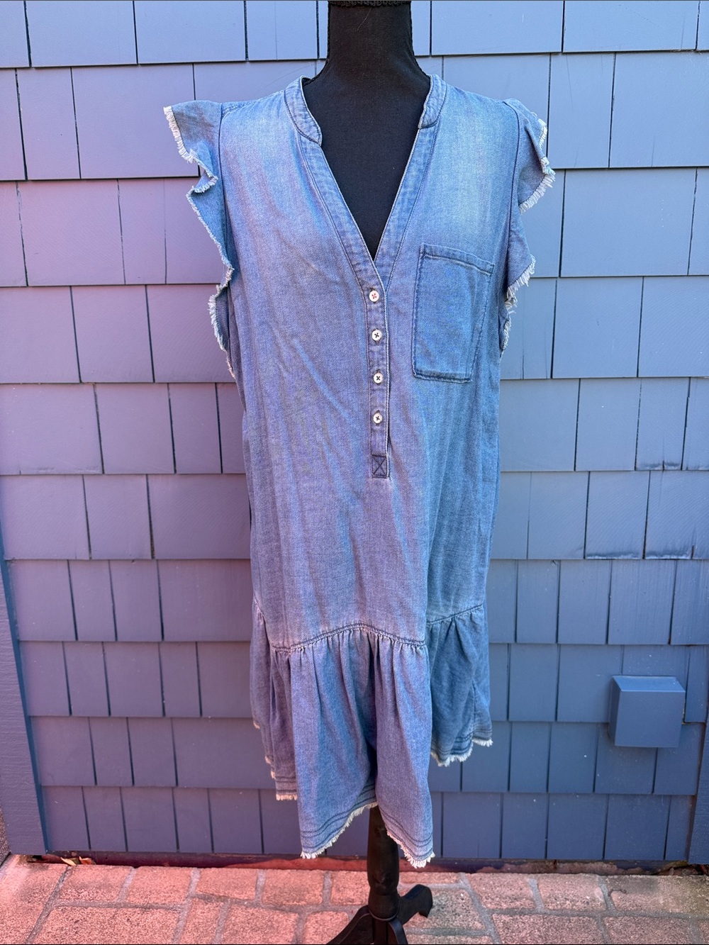 Anthropologie Denim Blue Ruffle-Sleeve Tunic Dress large drop waist